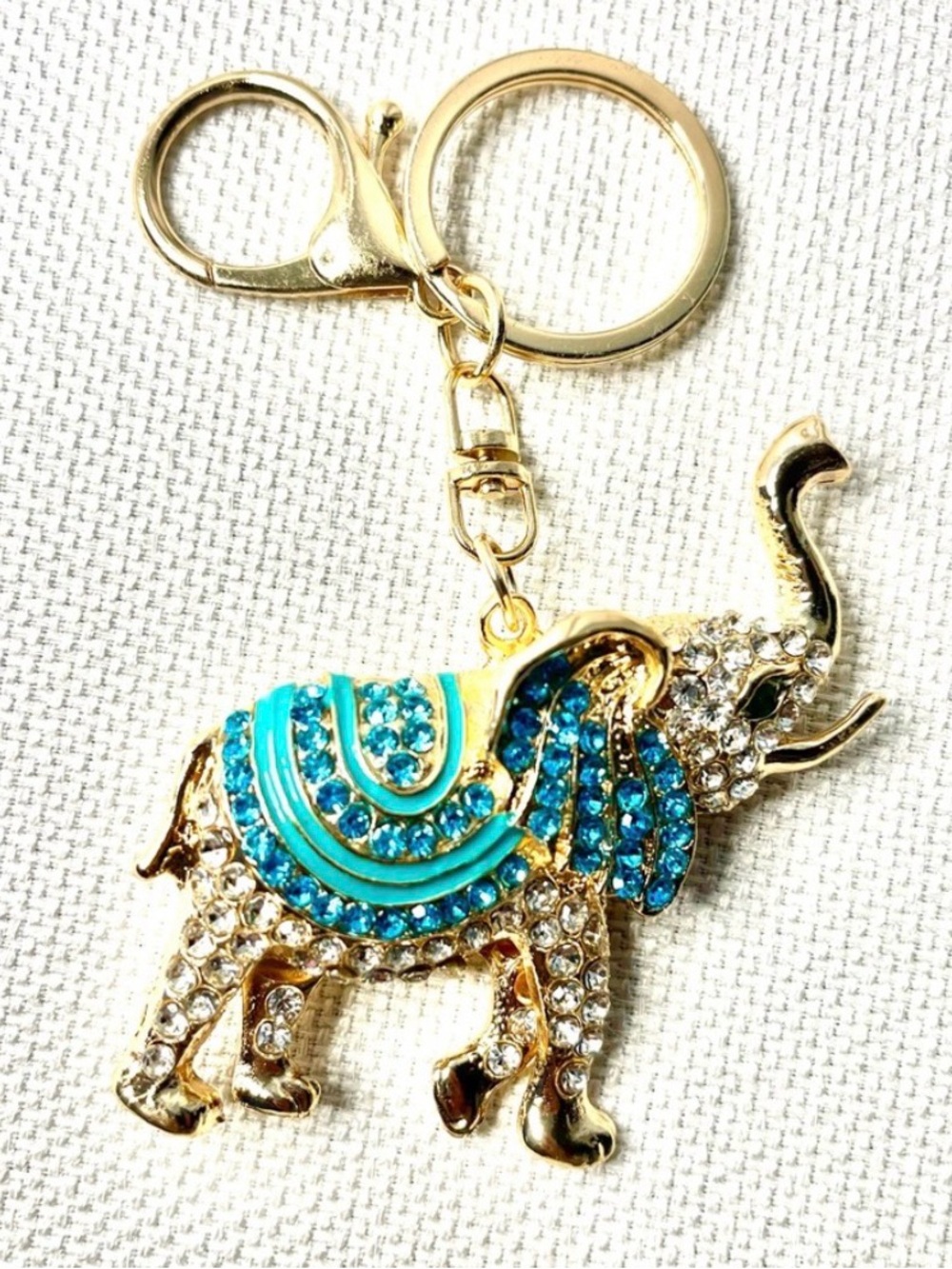 Gold Elephant Keychain with Turquoise Crystals